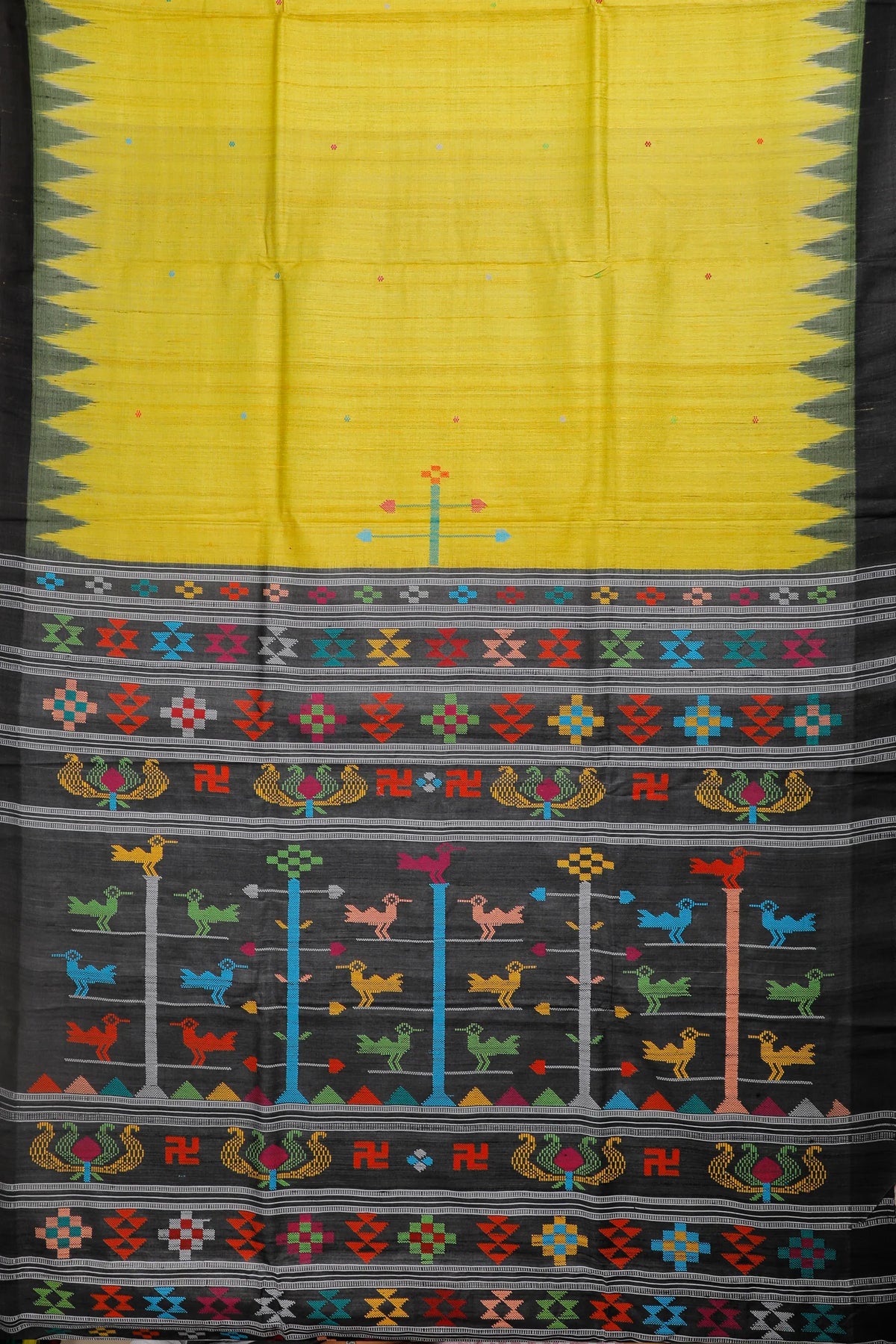 Yellow Handloom Tussar Silk Saree with Black Temple Border