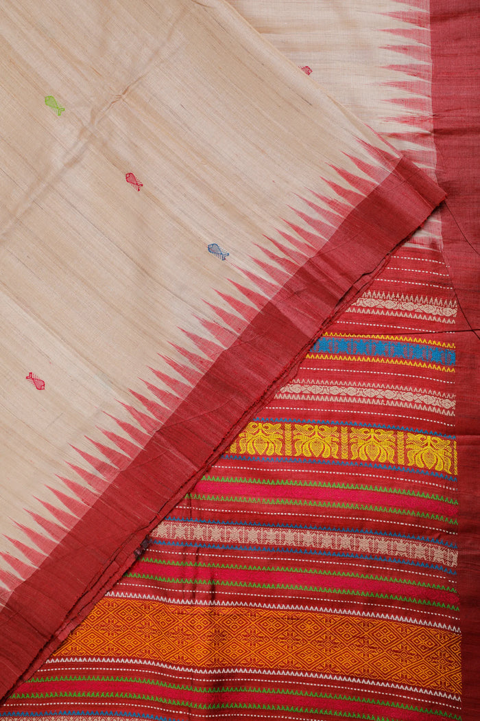 Off-White Handloom Tussar Silk Saree - detail 1