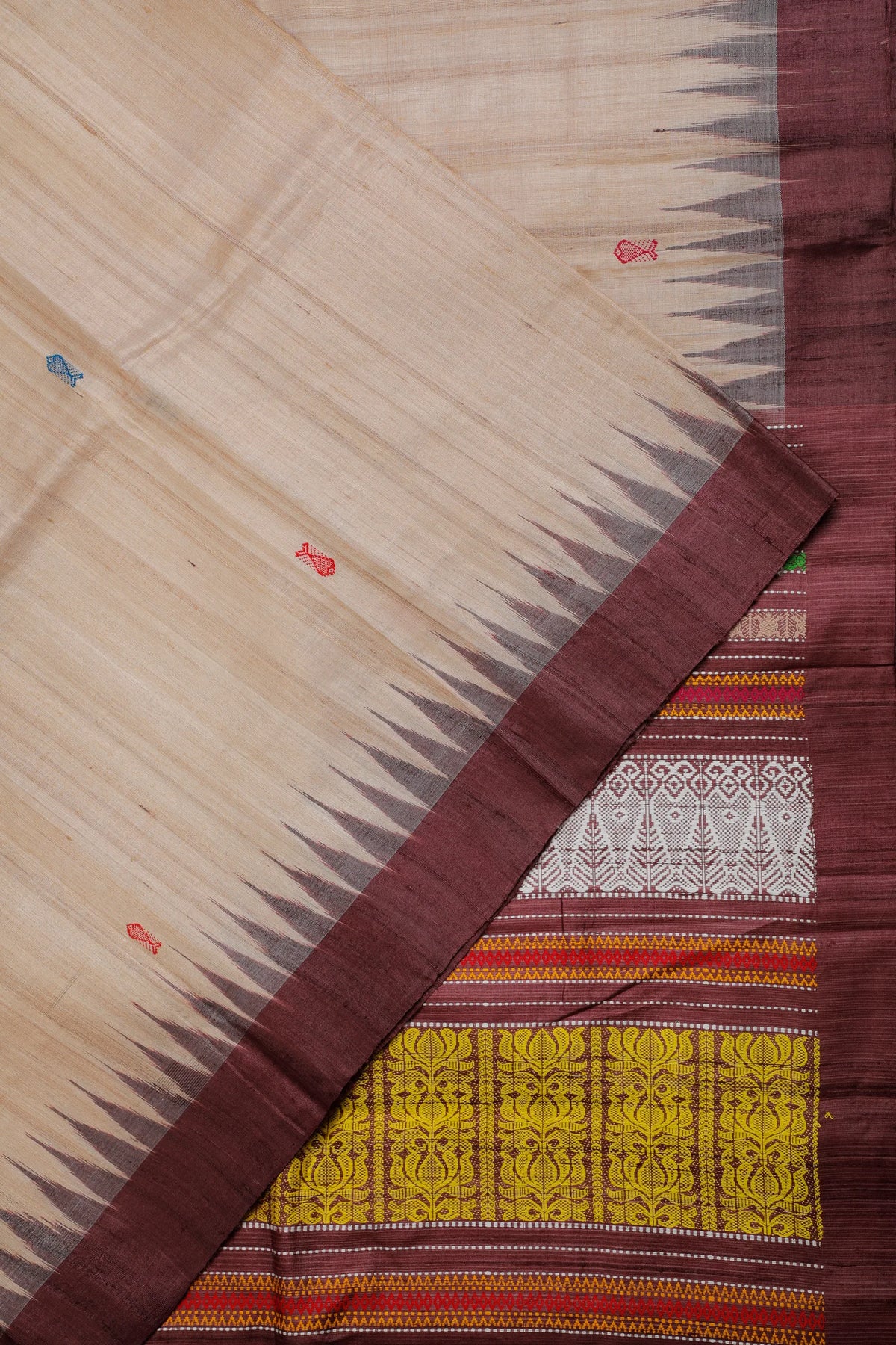 Beige Handloom Tussar Silk Saree with Dark Purple Temple Border