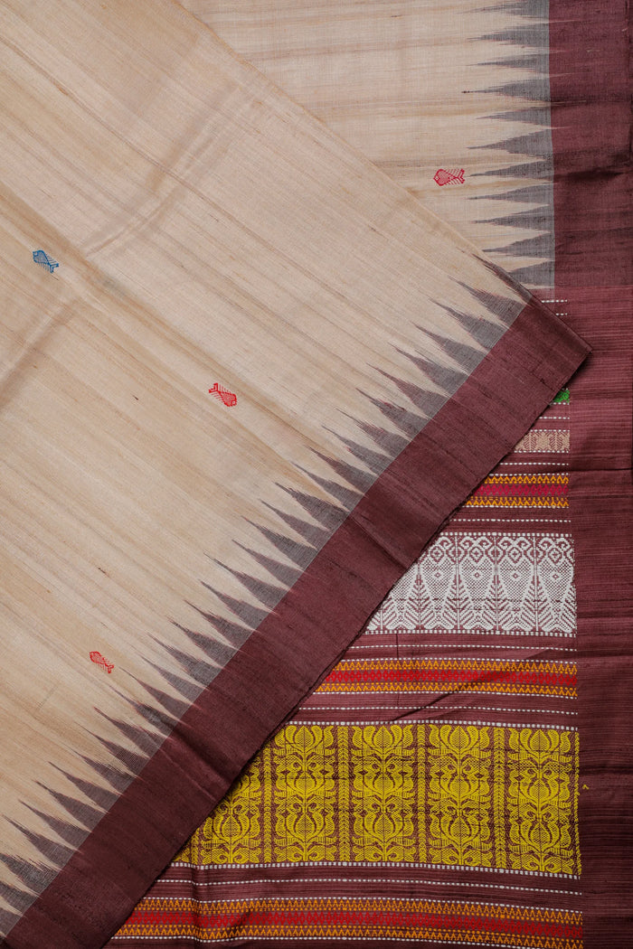Beige Handloom Tussar Silk Saree with Dark Purple Temple Border - detail 1
