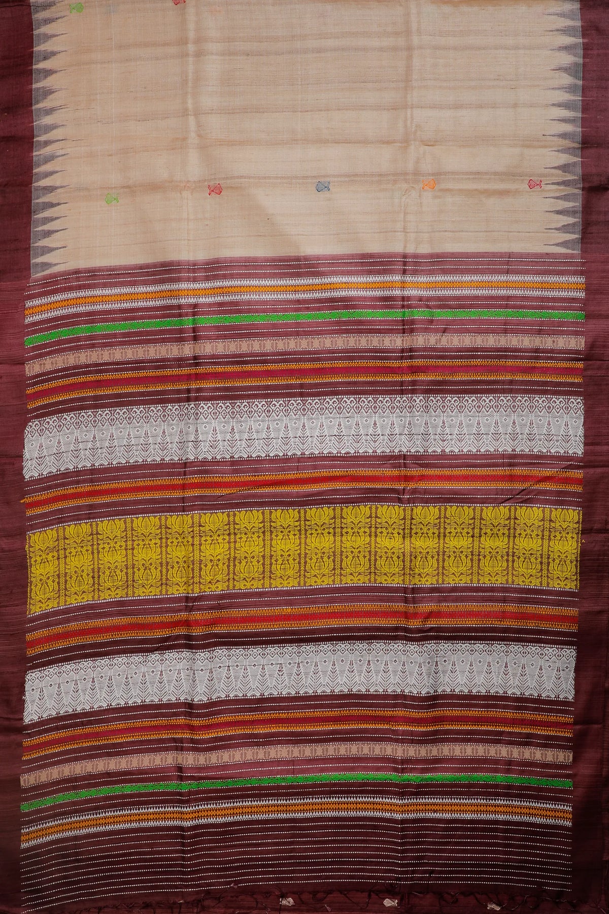 Beige Handloom Tussar Silk Saree with Dark Purple Temple Border