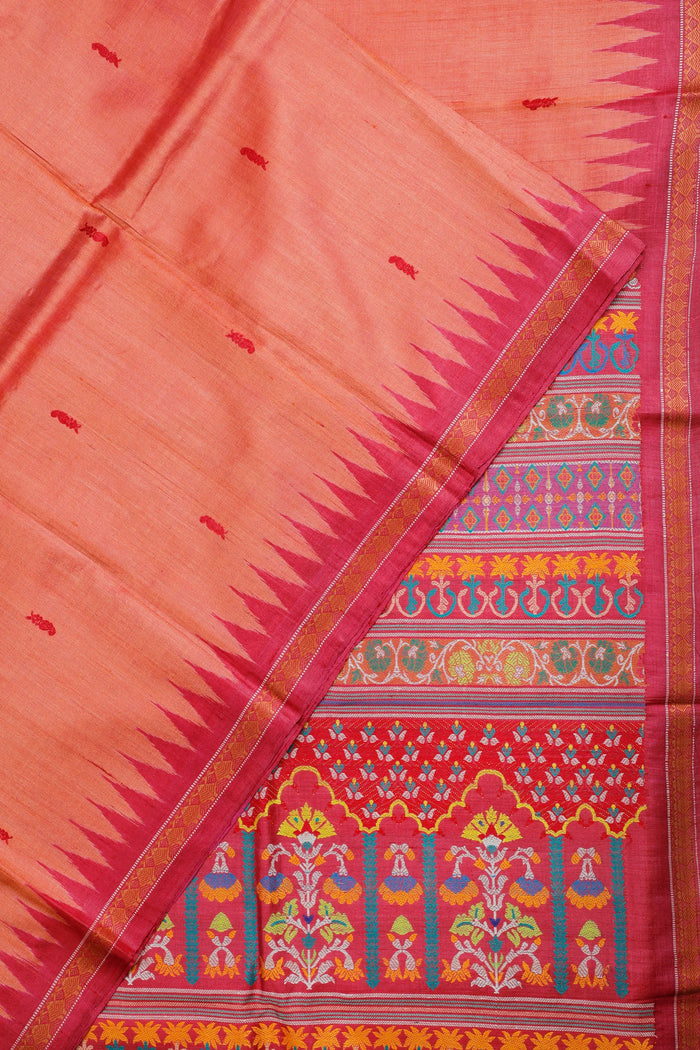 Onion Pink Handloom Tussar Silk Orissa Garden Saree with Raani Pink Temple Border - detail 1