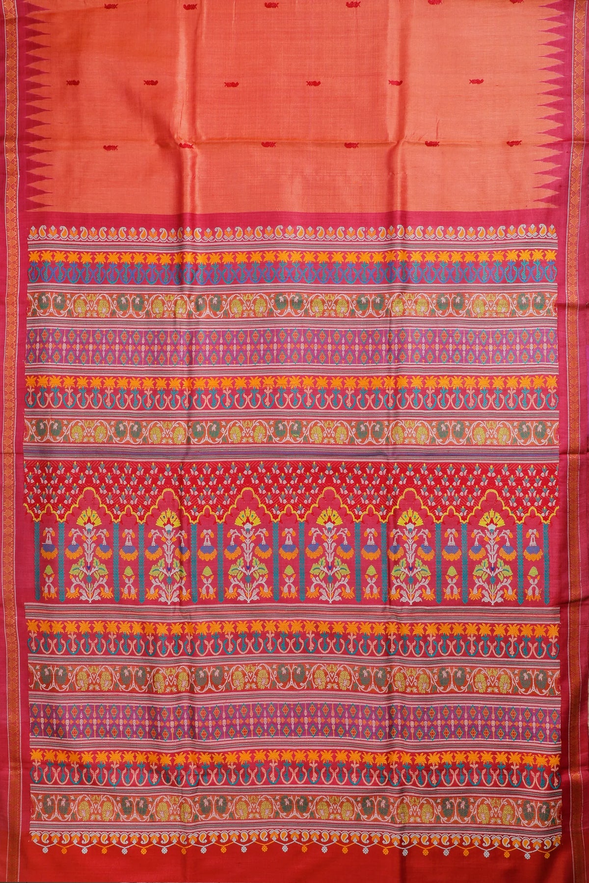 Onion Pink Handloom Tussar Silk Orissa Garden Saree with Raani Pink Temple Border