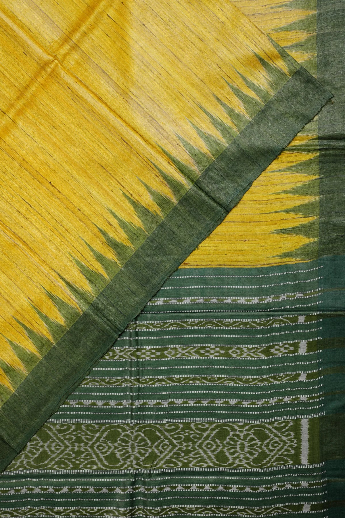 Lemon Yellow Handloom Tussar Silk Saree with Green Temple Border