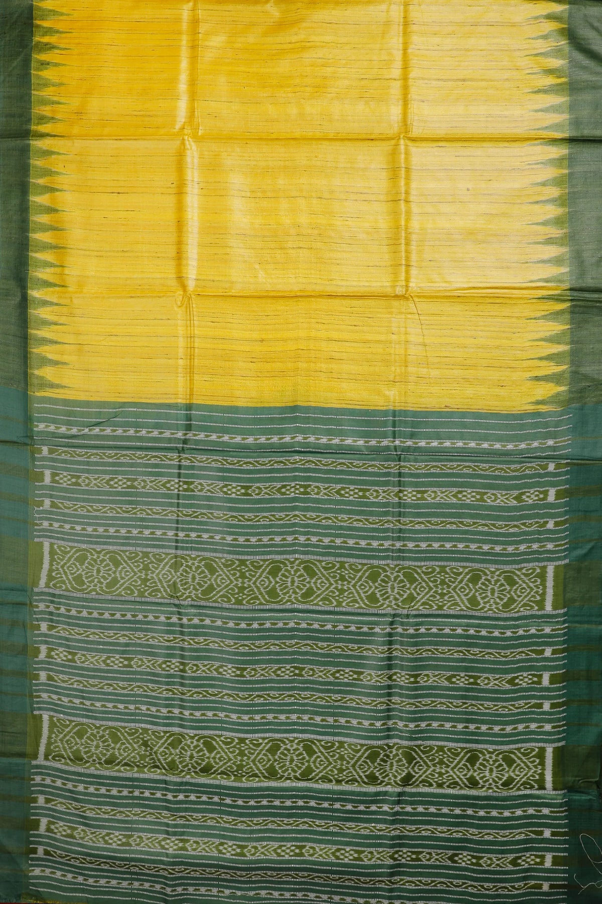 Lemon Yellow Handloom Tussar Silk Saree with Green Temple Border