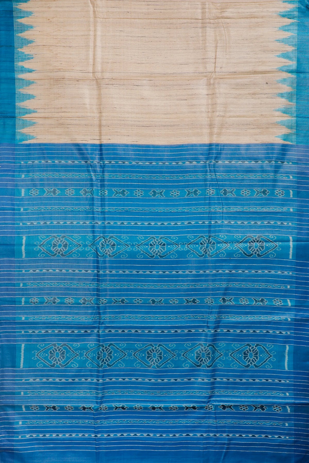 Beige Orissa Ikkat Tussar Pure Silk Handloom Saree with Blue Temple Border