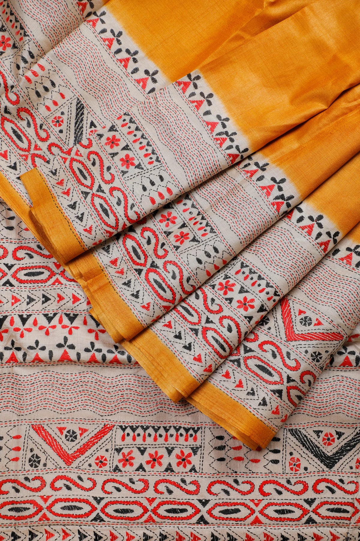 Fresh Yellow Handloom Pure Silk Katha Work Saree