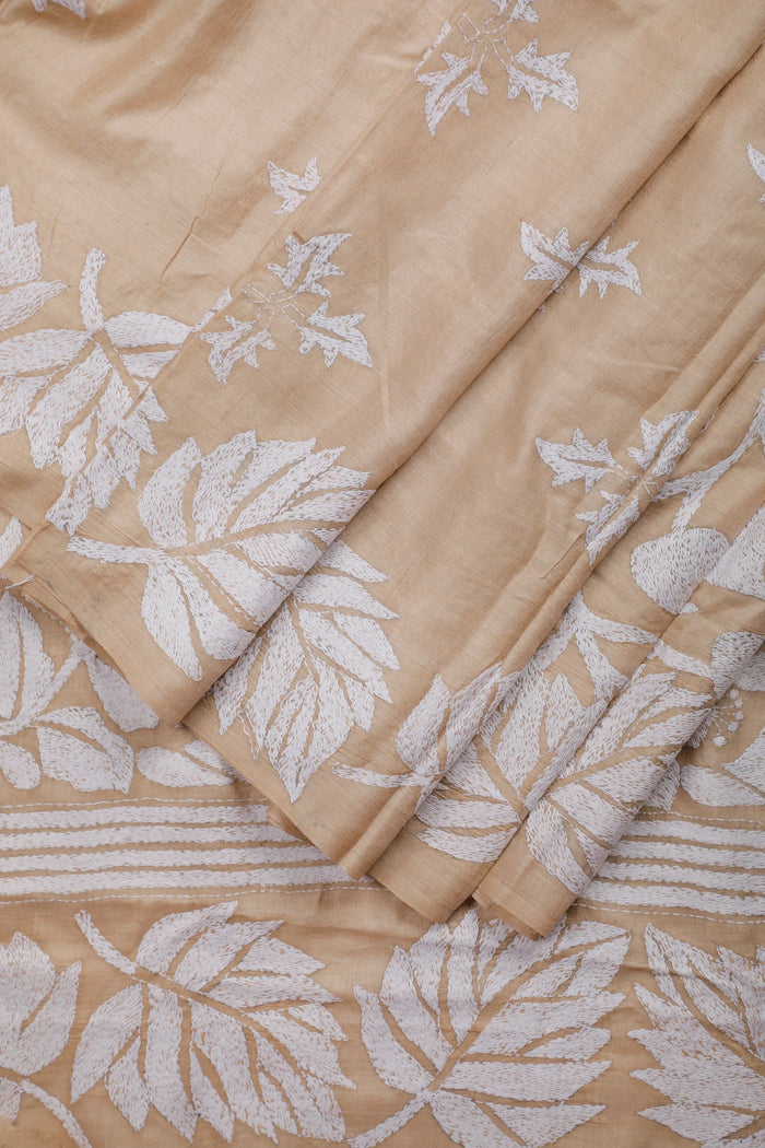 Beige Handloom Pure Silk Katha Work Saree with White Hand Embroidery