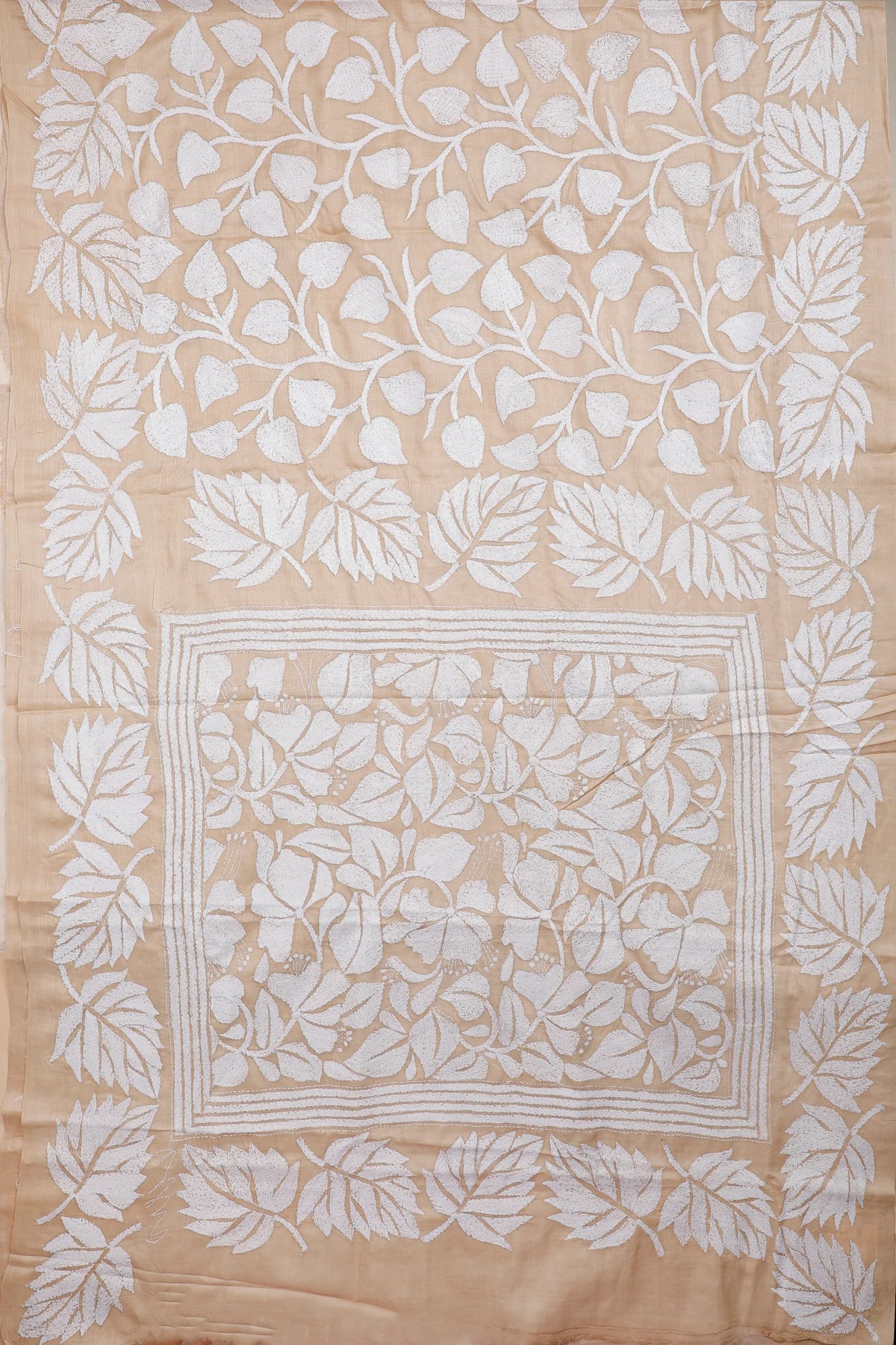 Beige Handloom Pure Silk Katha Work Saree with White Hand Embroidery