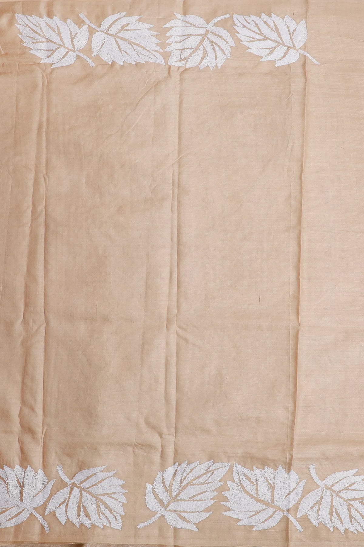Beige Handloom Pure Silk Katha Work Saree with White Hand Embroidery