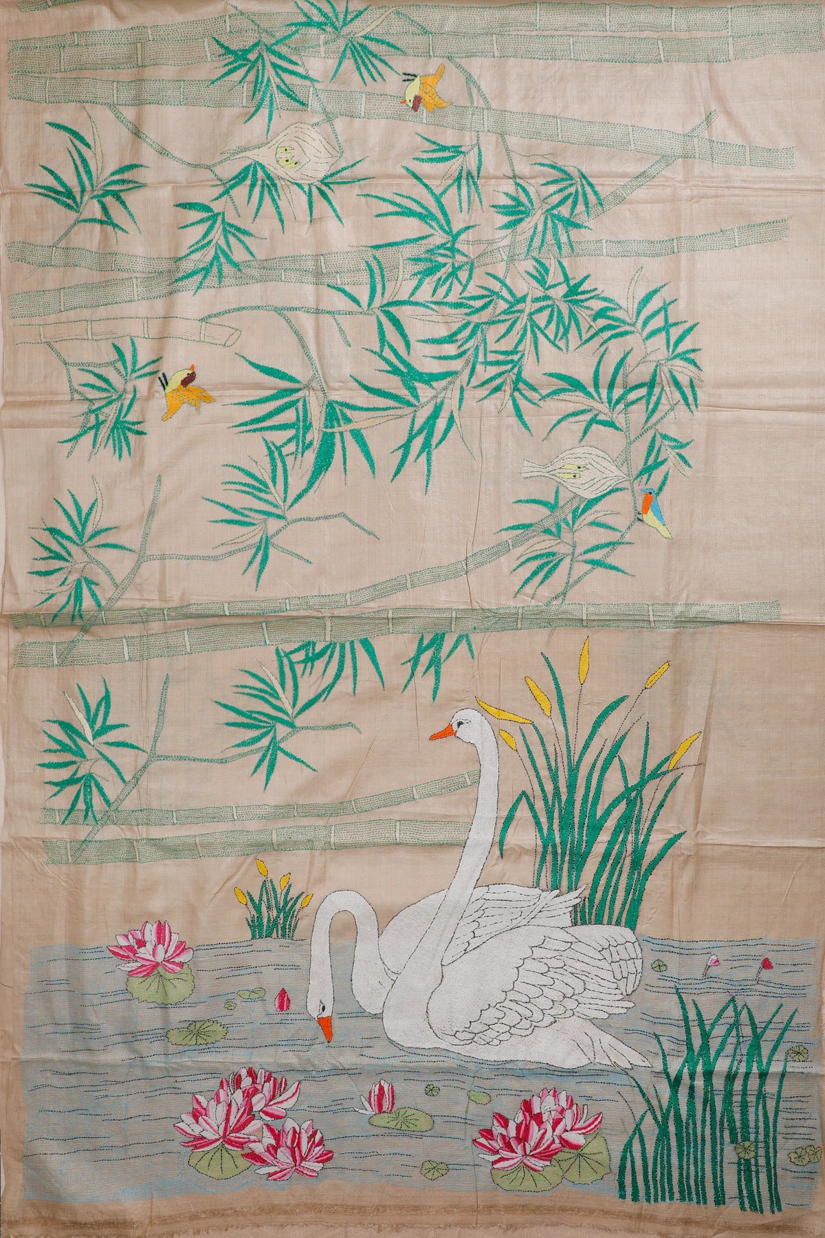 Off-White Handloom Pure Silk Katha Work Saree - Bamboo & Hummingbirds Embroidery