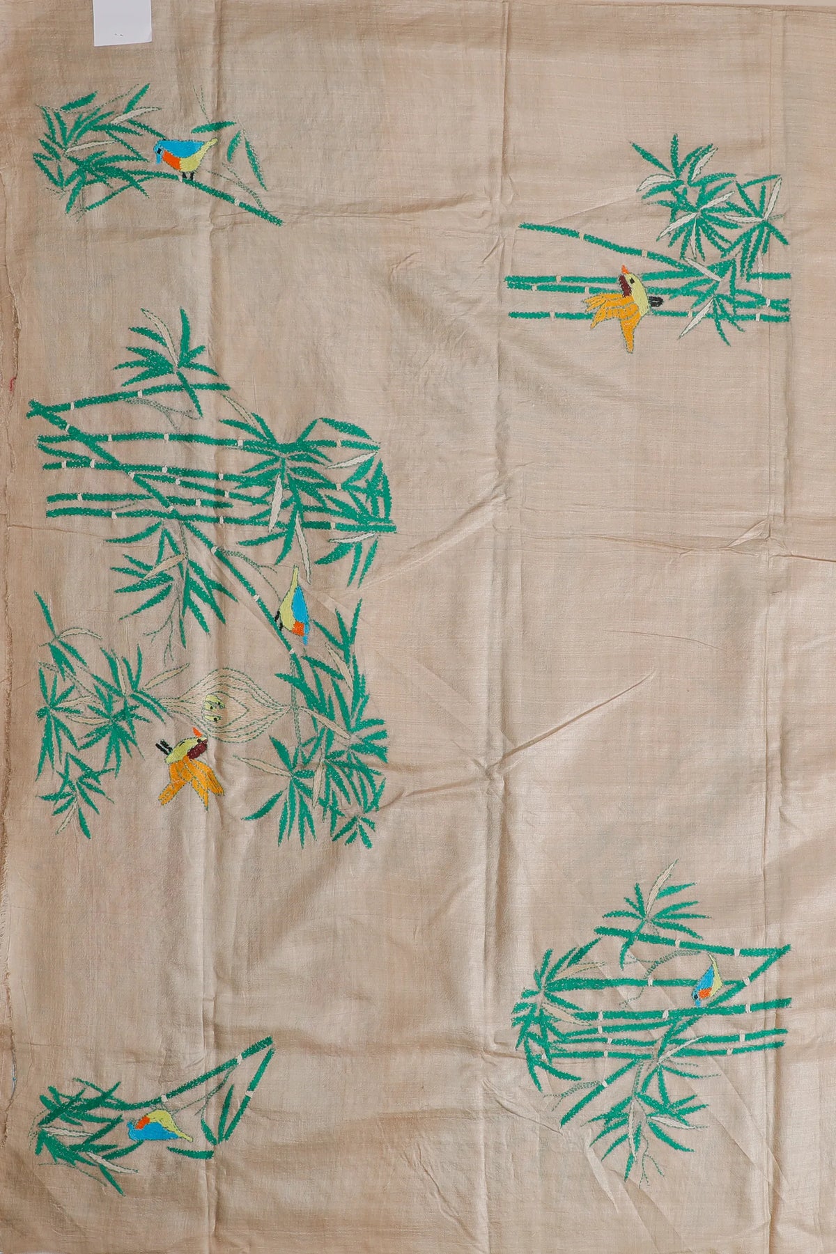 Off-White Handloom Pure Silk Katha Work Saree - Bamboo & Hummingbirds Embroidery
