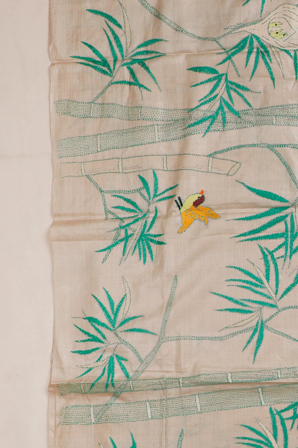 Off-White Handloom Pure Silk Katha Work Saree - Bamboo & Hummingbirds Embroidery
