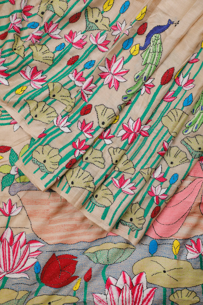 Beige Handloom Tussar Pure Silk Saree with Katha Work - Radha Krishna Pallu