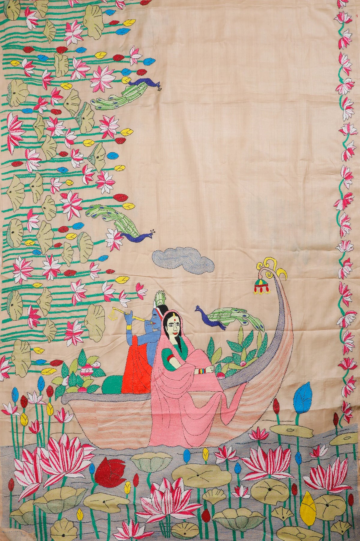 Beige Handloom Tussar Pure Silk Saree with Katha Work - Radha Krishna Pallu