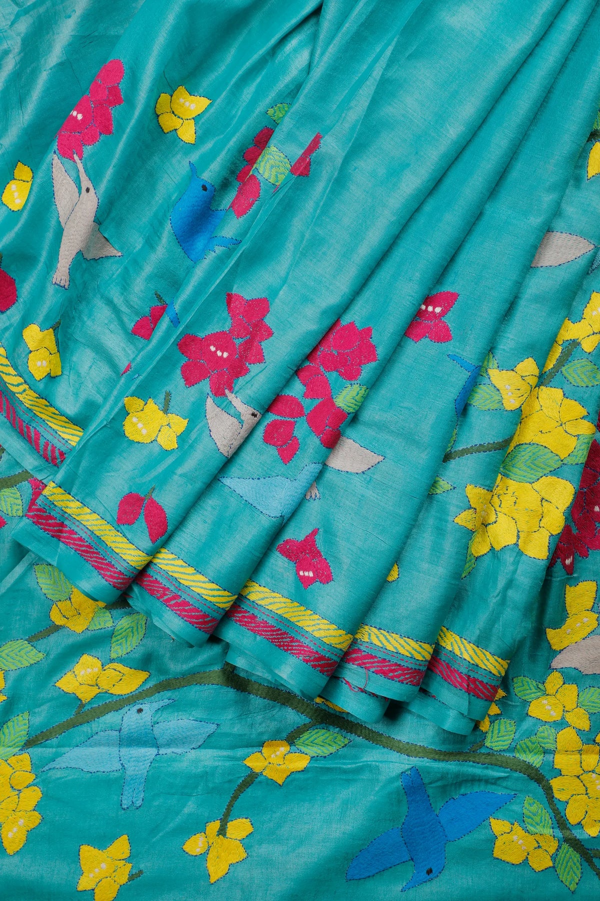 Turquoise Blue Handloom Tussar Pure Silk Saree with Katha Work