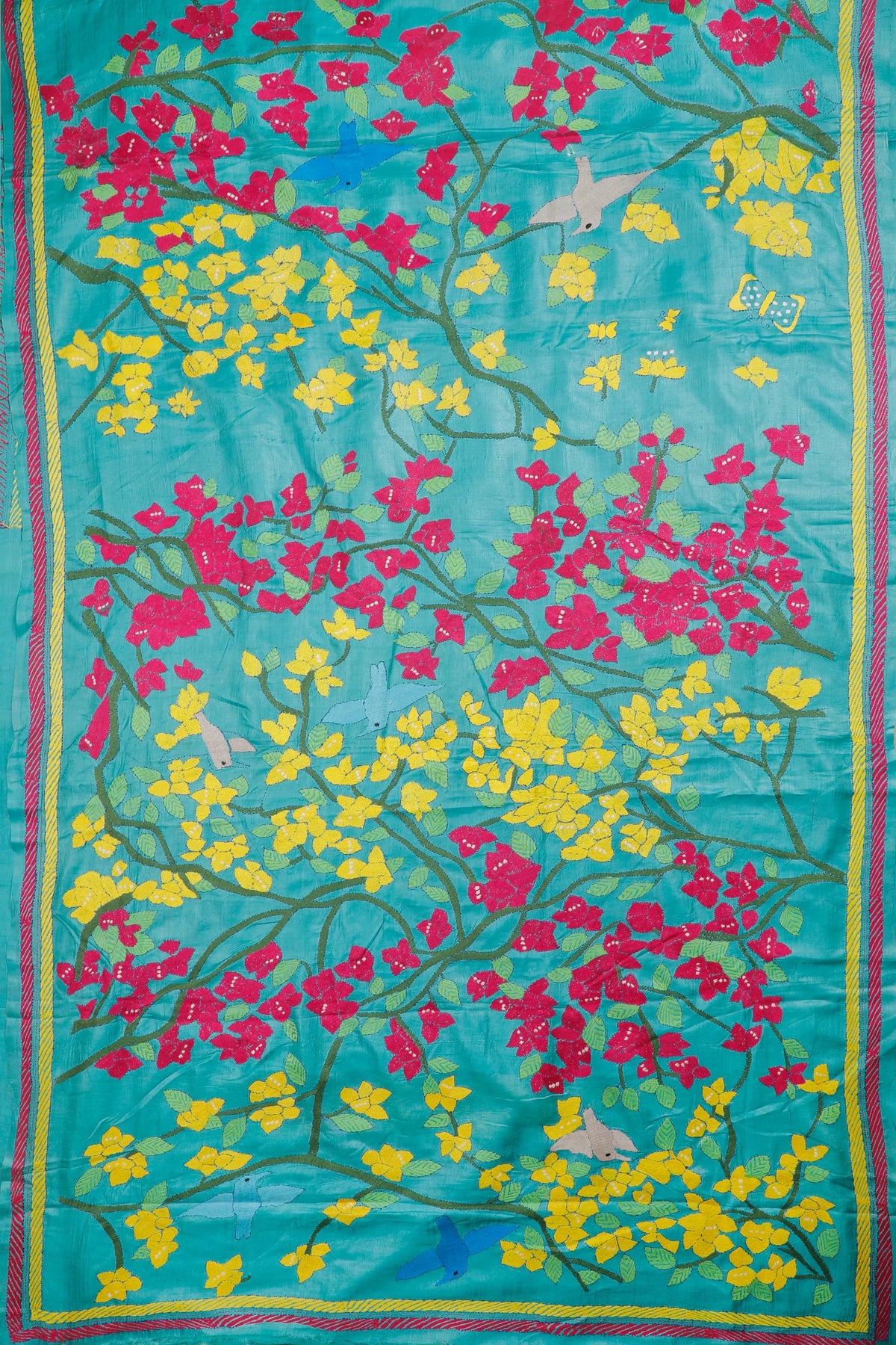 Turquoise Blue Handloom Tussar Pure Silk Saree with Katha Work