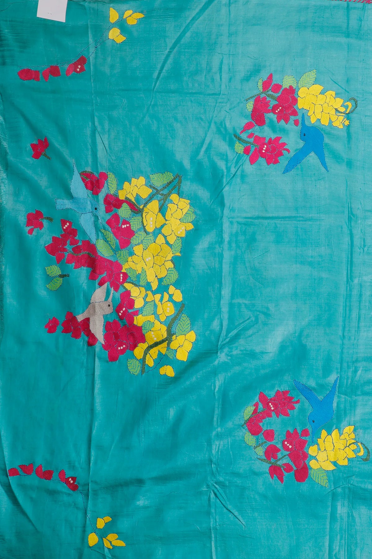 Turquoise Blue Handloom Tussar Pure Silk Saree with Katha Work