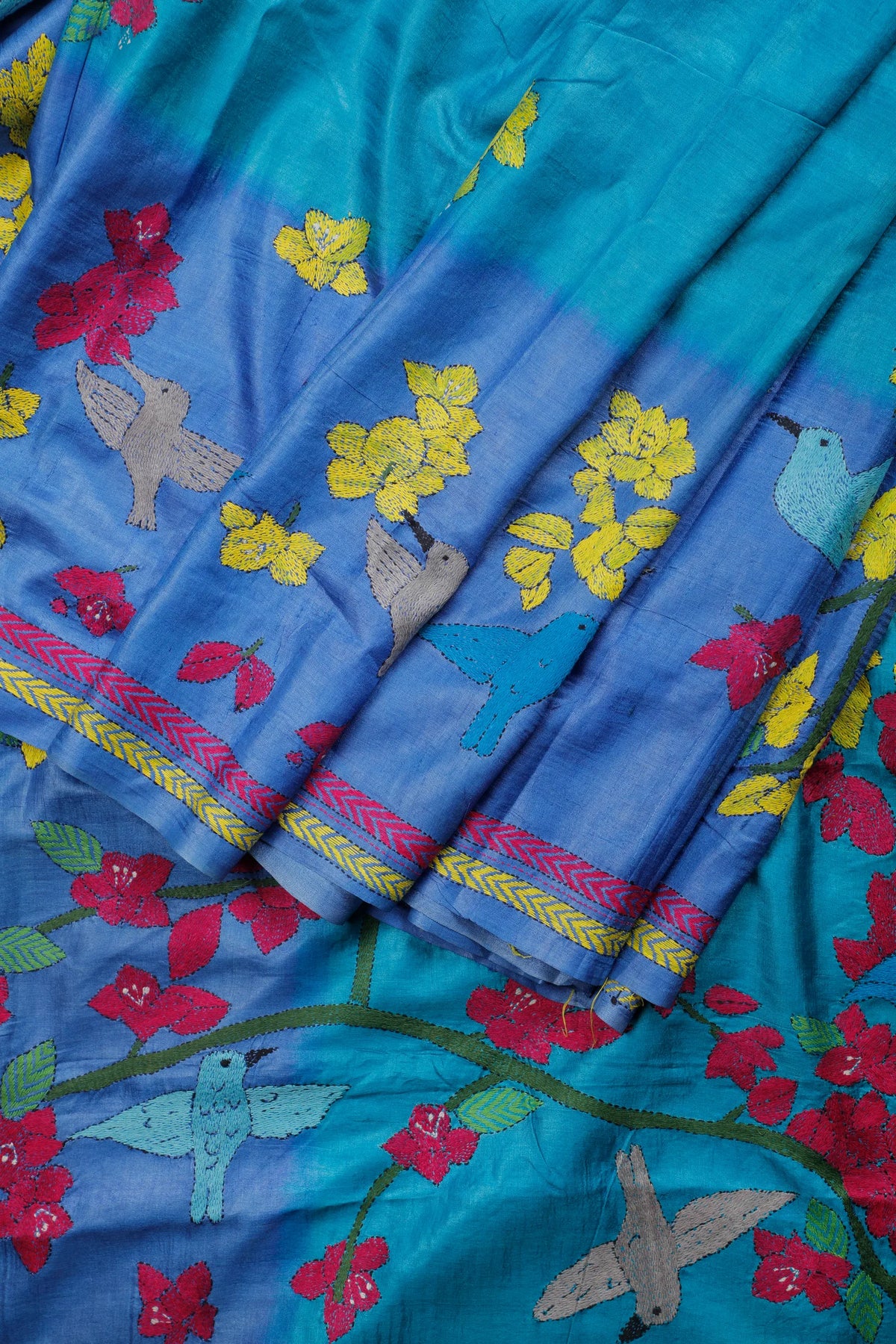 Brown Handloom Tussar Pure Silk Saree with Katha Work