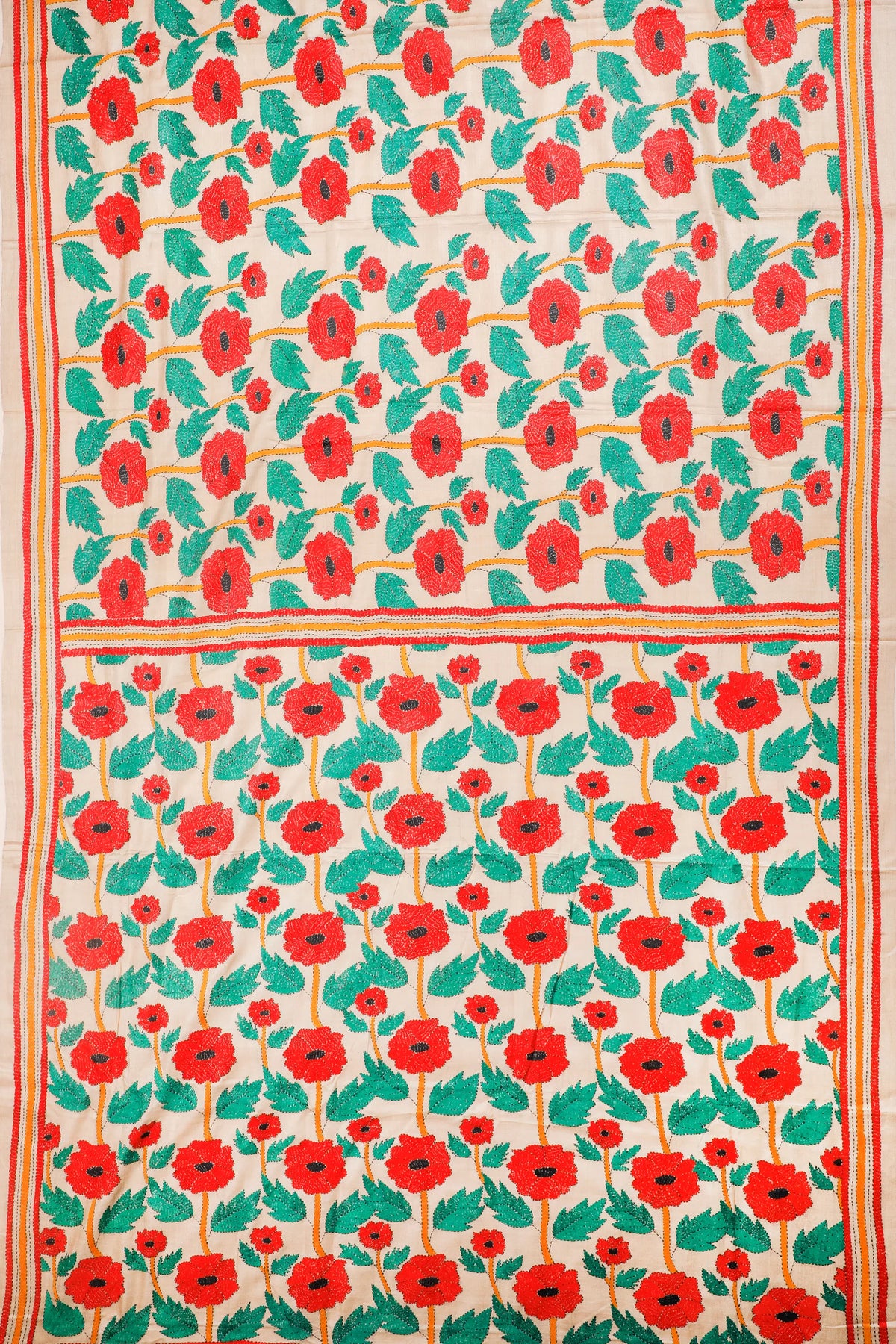 Off-White Pure Silk Handloom Katha Work Saree