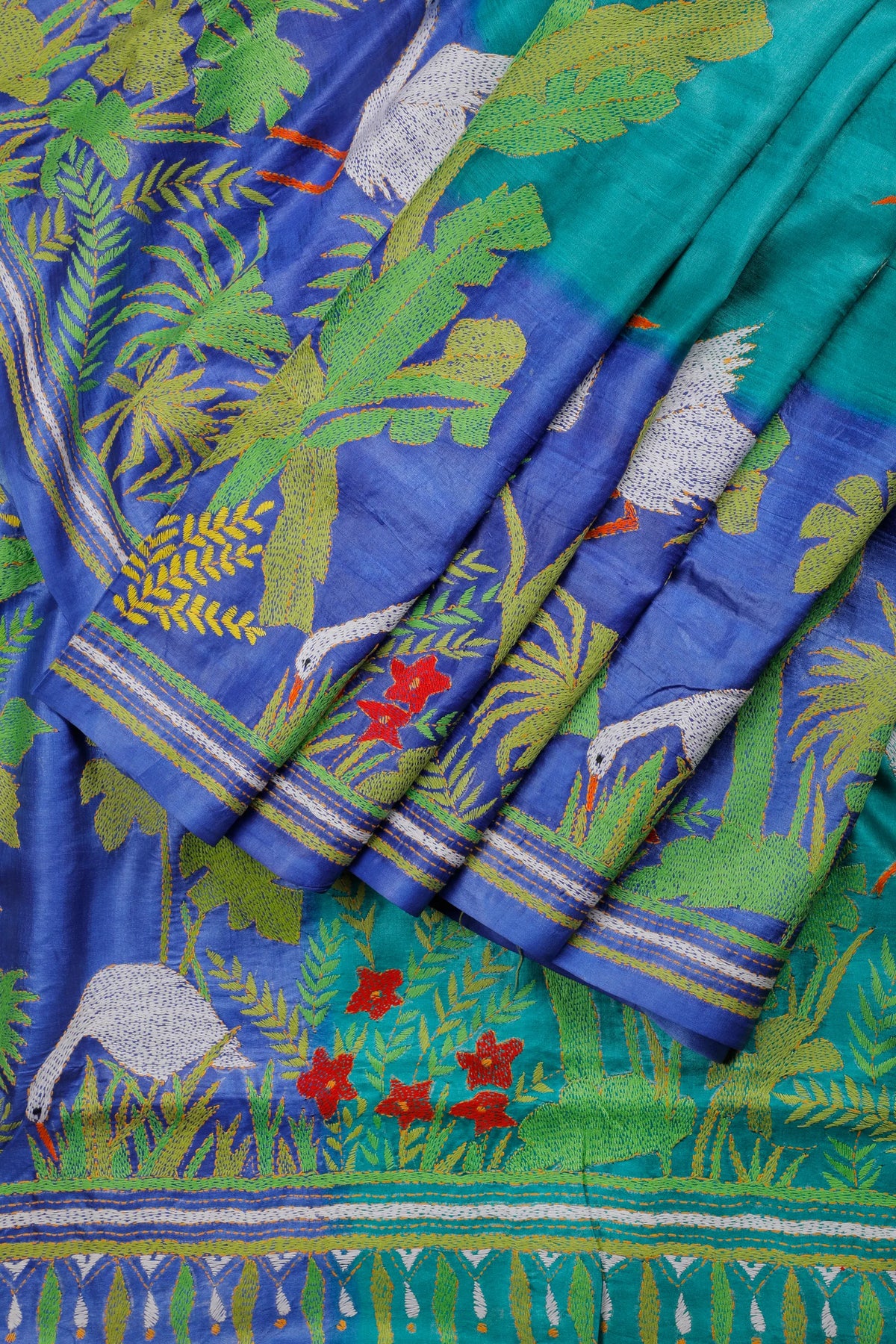 Multicoloured Handloom Tussar Pure Silk Saree with Katha Work