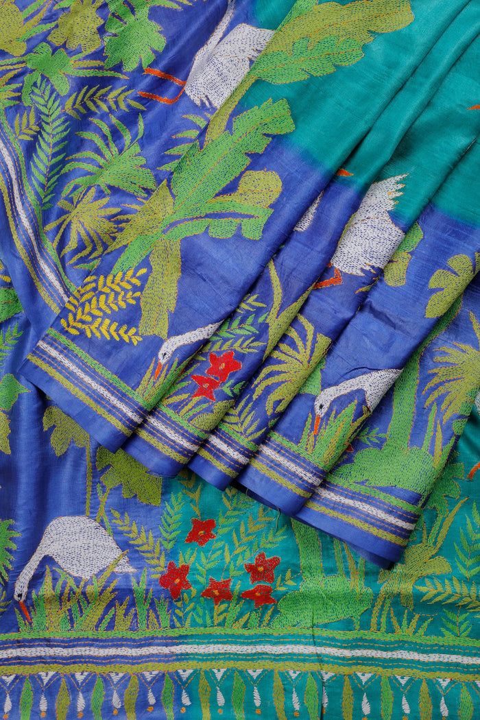 Multicoloured Handloom Tussar Pure Silk Saree with Katha Work