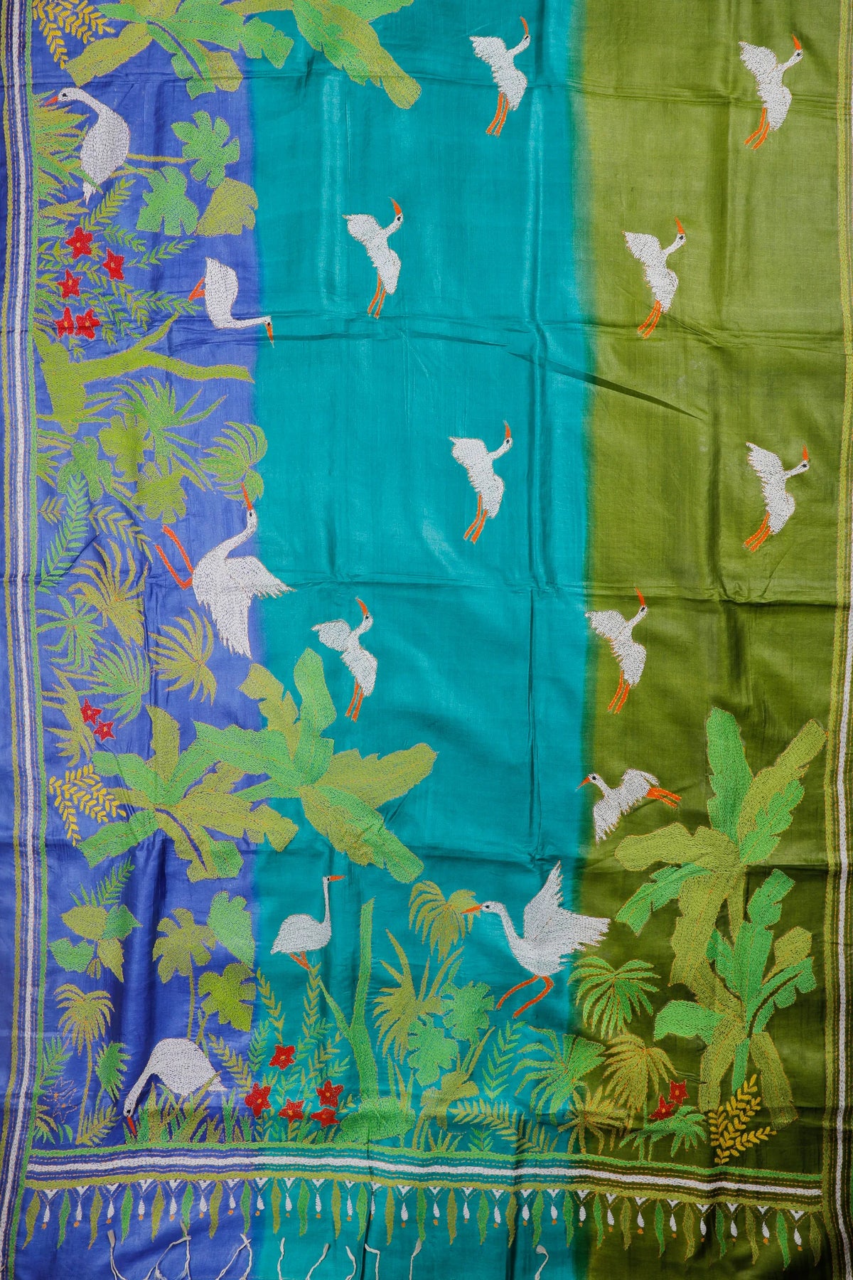 Multicoloured Handloom Tussar Pure Silk Saree with Katha Work