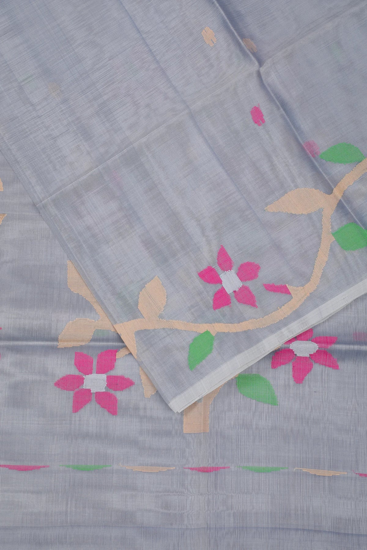 Grey Handloom Muslin Jamdani Saree