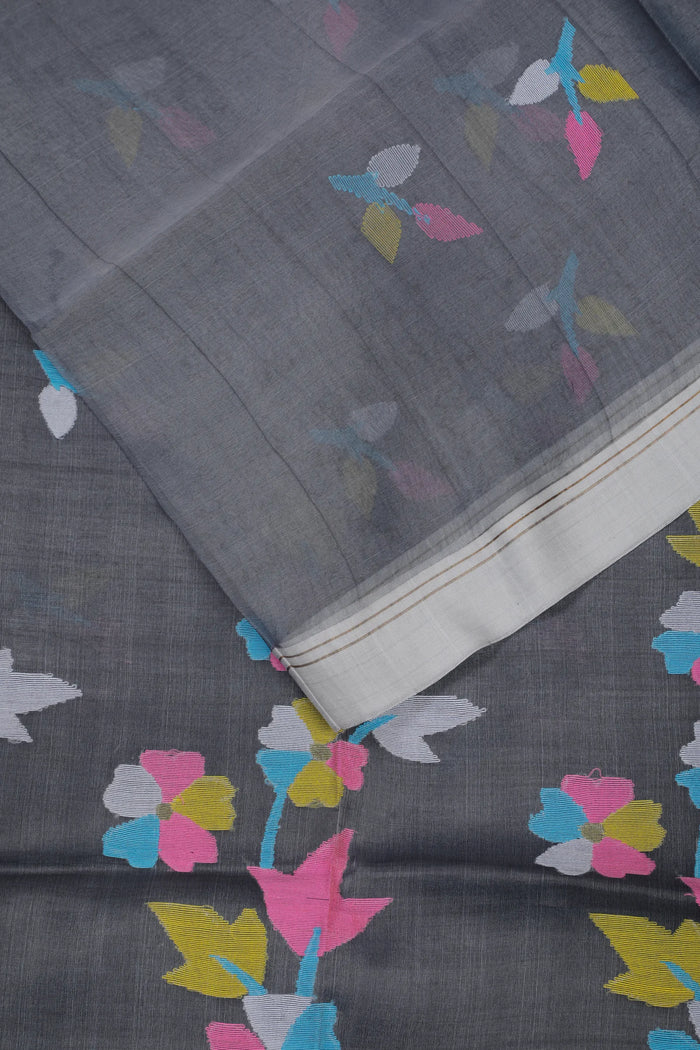 Grey Handloom Muslin Jamdani Saree - detail 2