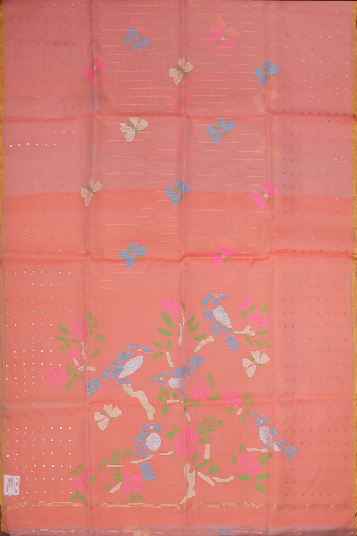 Peach Pink Handloom Muslin Jamdani Saree with Golden Sequins