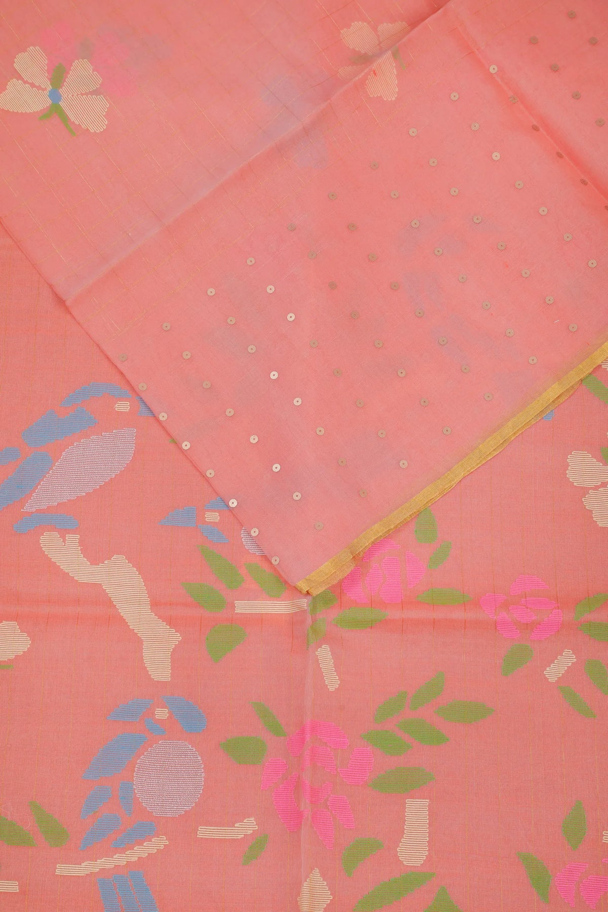 Peach Pink Handloom Muslin Jamdani Saree with Golden Sequins