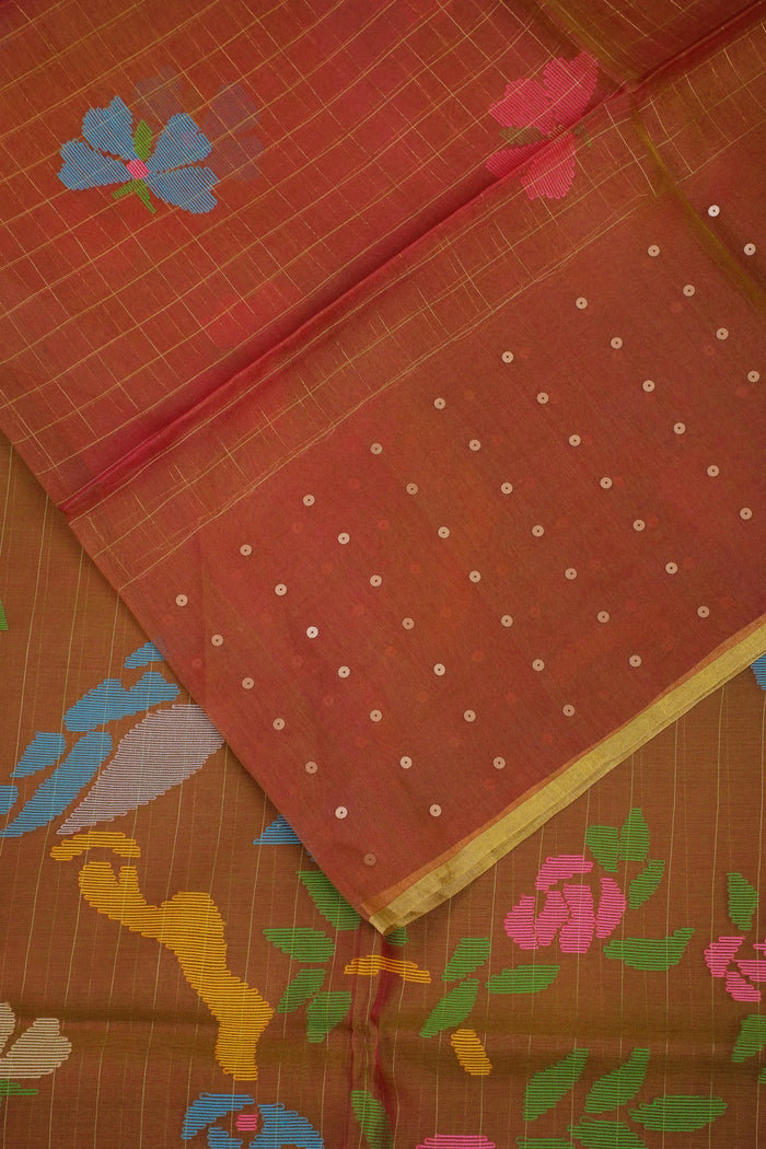 Olive Green Handloom Muslin Jamdani Saree - detail 2