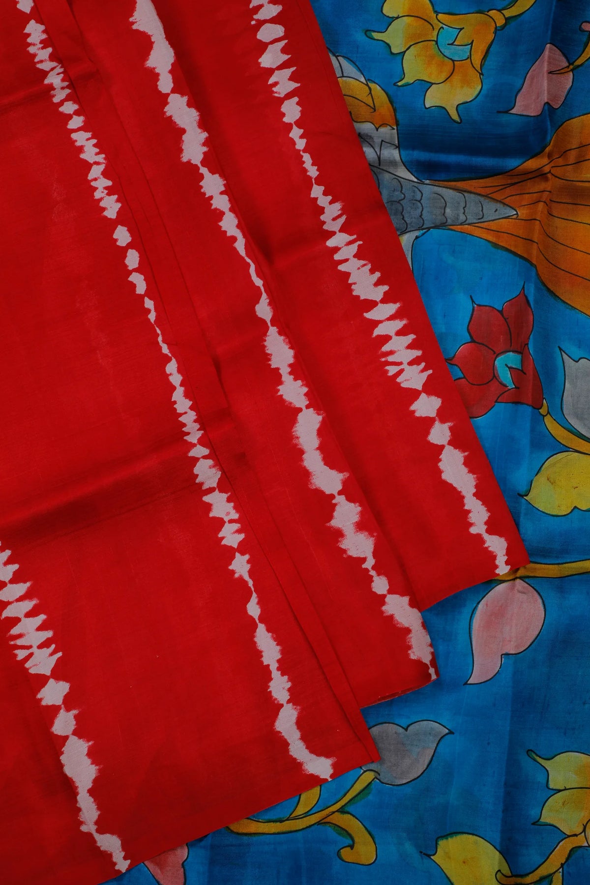 Red Handloom Tussar Handpainted Pure Silk Saree with Kalamkari