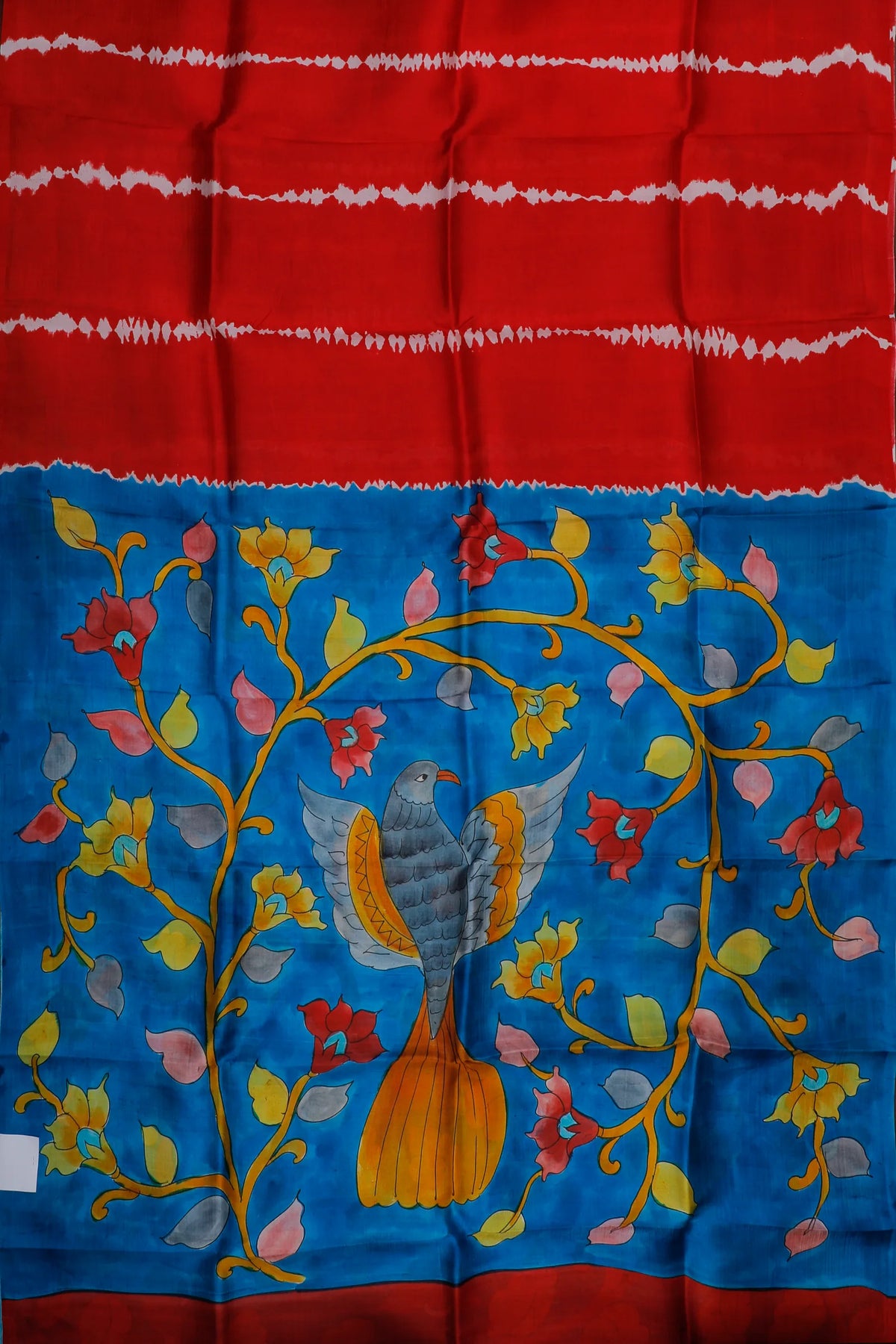 Red Handloom Tussar Handpainted Pure Silk Saree with Kalamkari