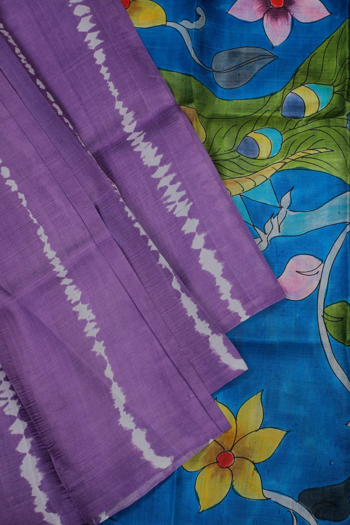 Lavender Handloom Tussar Handpainted Pure Silk Saree with Kalamkari