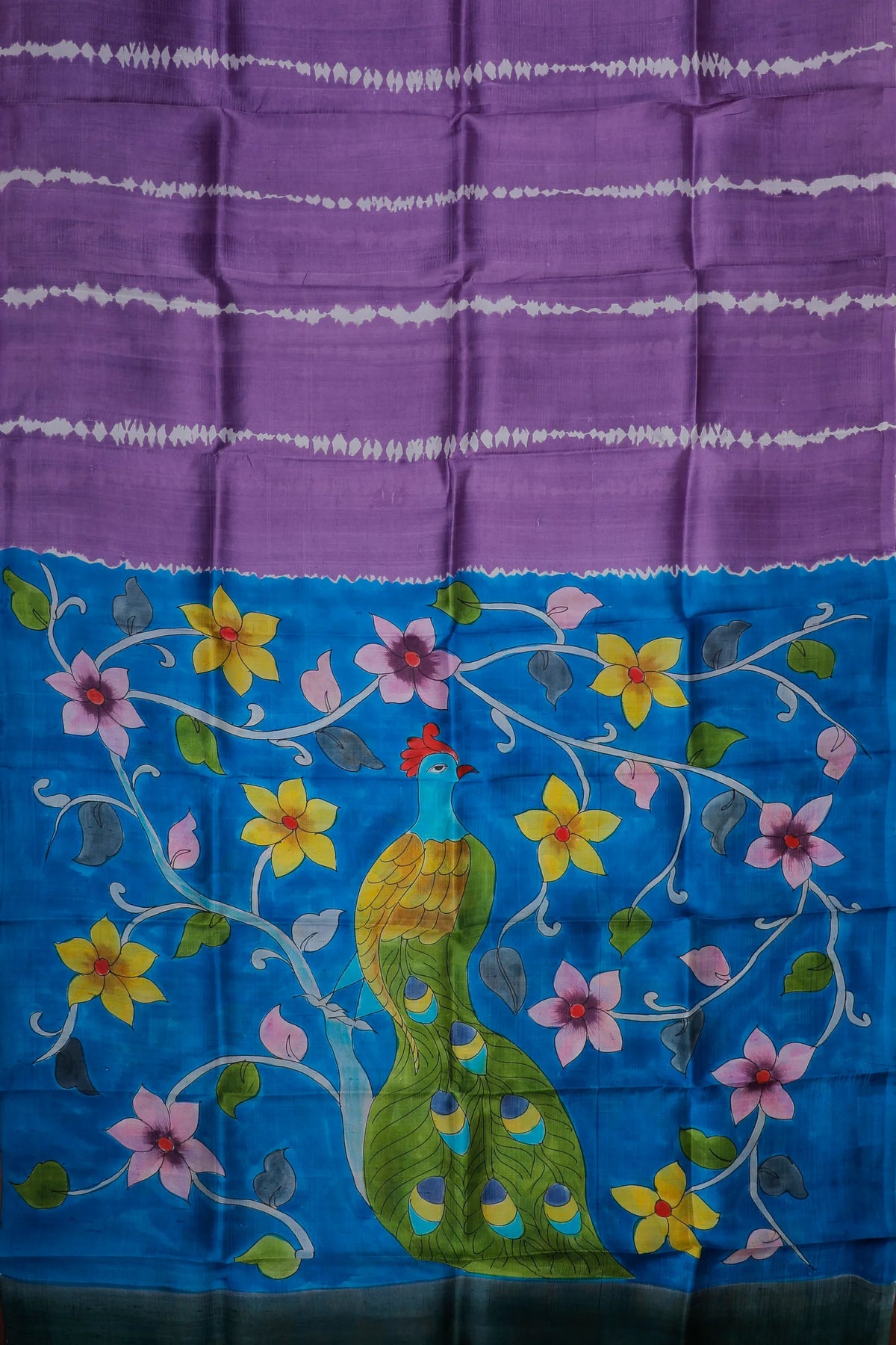 Lavender Handloom Tussar Handpainted Pure Silk Saree with Kalamkari
