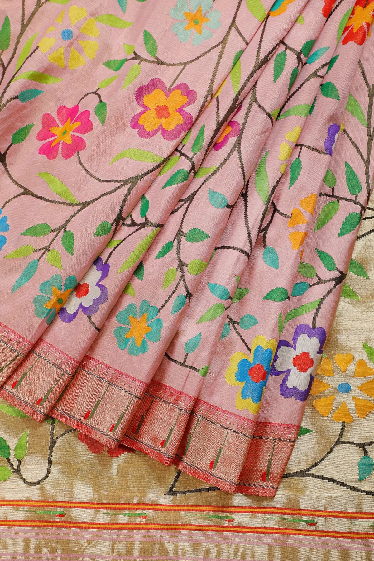 Baby Pink Pure Silk Handloom Tissue Paithani with All Over Design