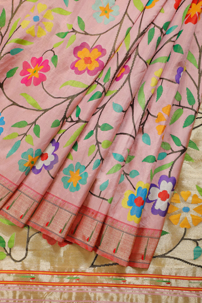 Baby Pink Pure Silk Handloom Tissue Paithani with All Over Design