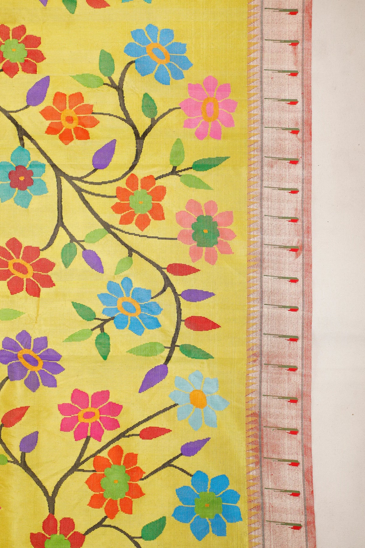 Lemon Yellow Pure Silk Handloom Tissue Paithani with All Over Design