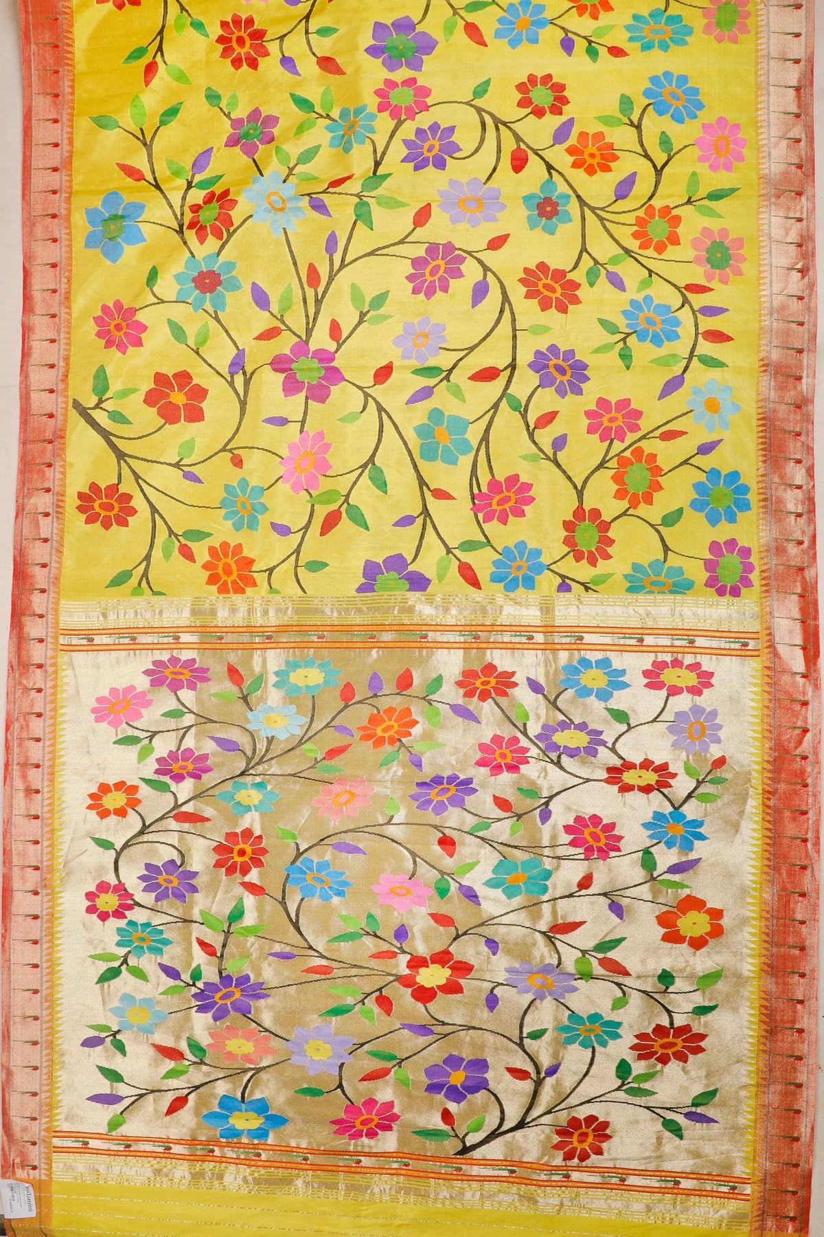 Lemon Yellow Pure Silk Handloom Tissue Paithani with All Over Design