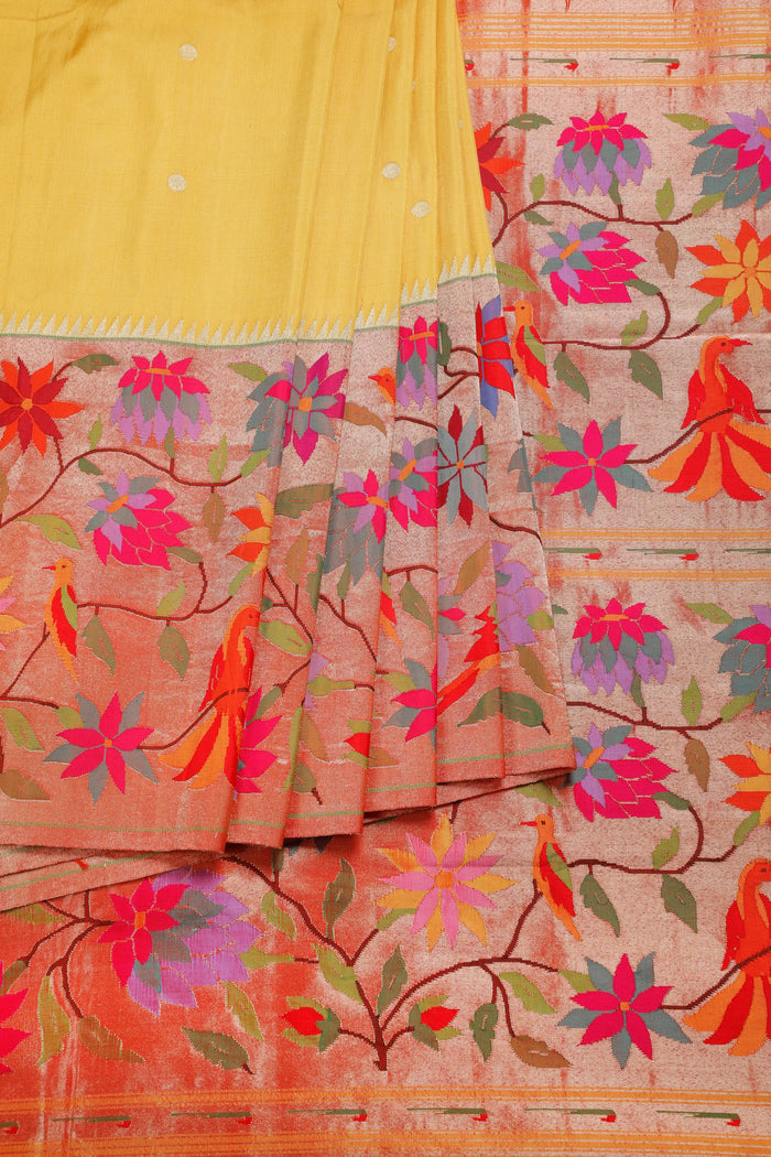 Lemon Yellow Pure Silk Handloom Paithani with Skirt Border