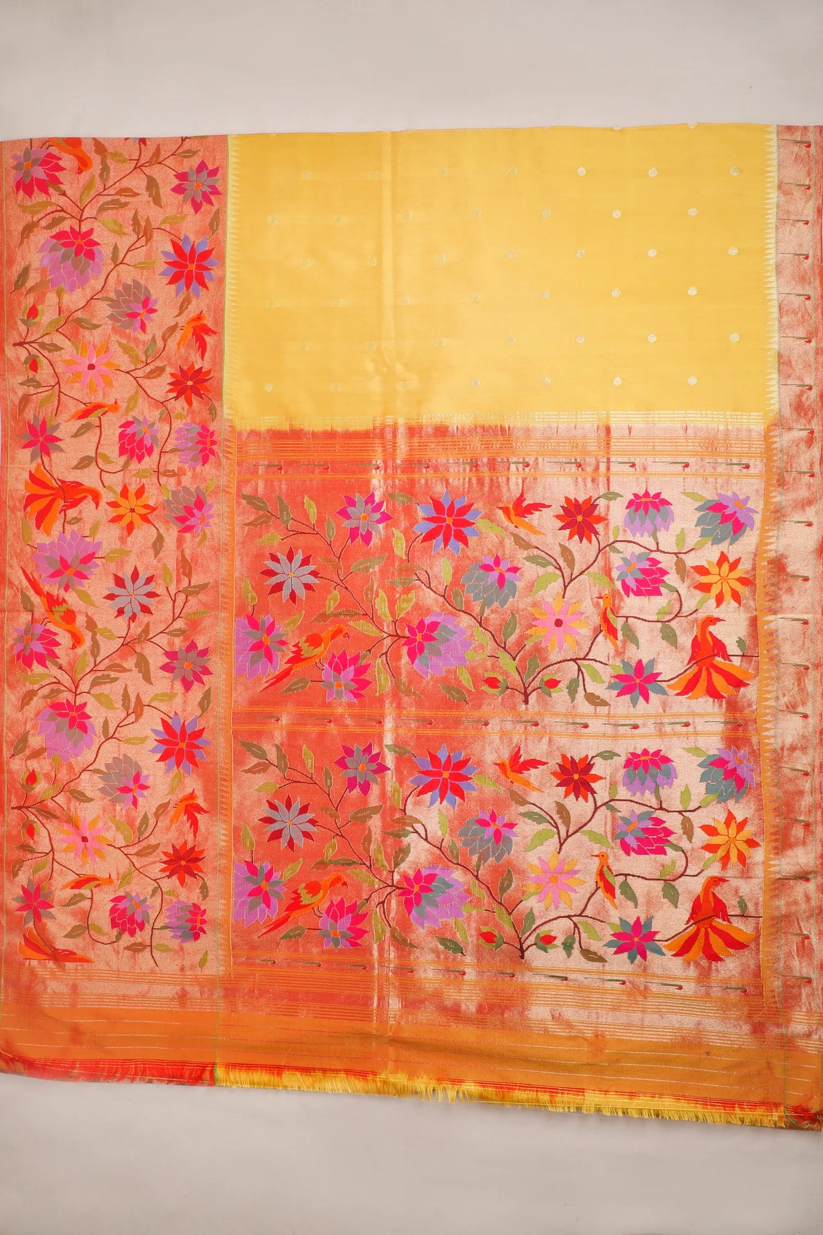 Lemon Yellow Pure Silk Handloom Paithani with Skirt Border