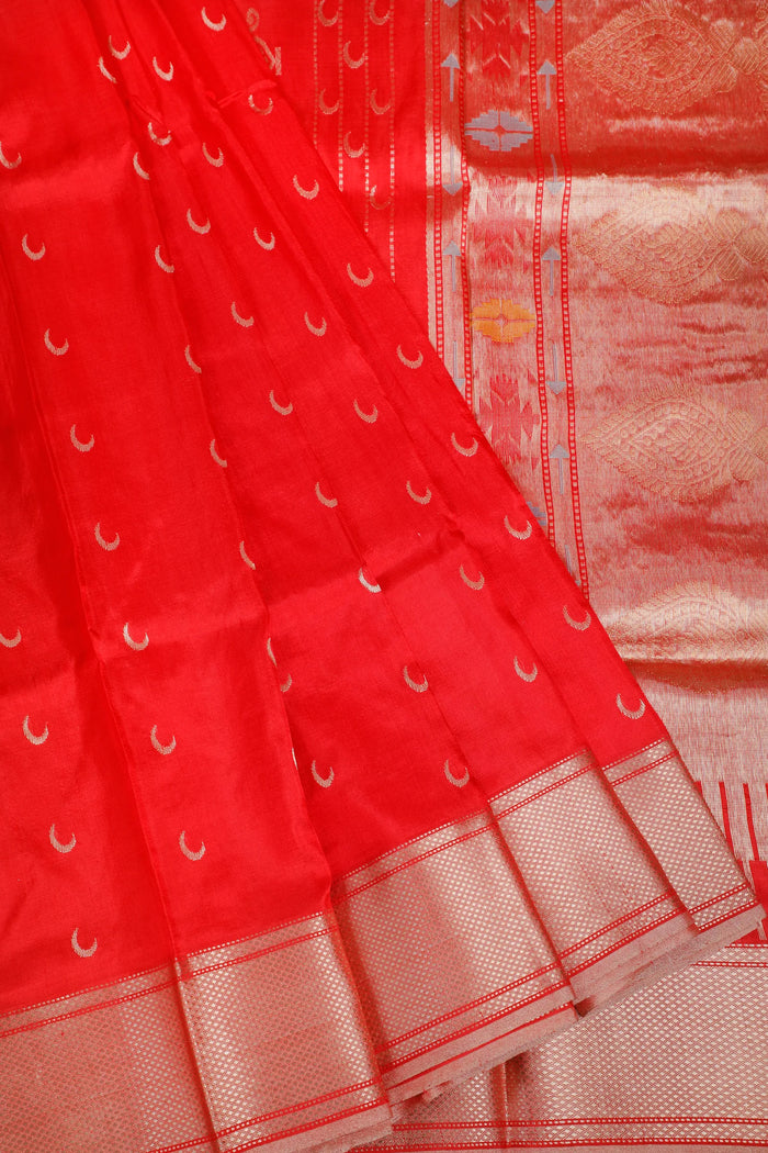 Tomato Red Handloom Chanderi Mashru Silk Saree - detail 1