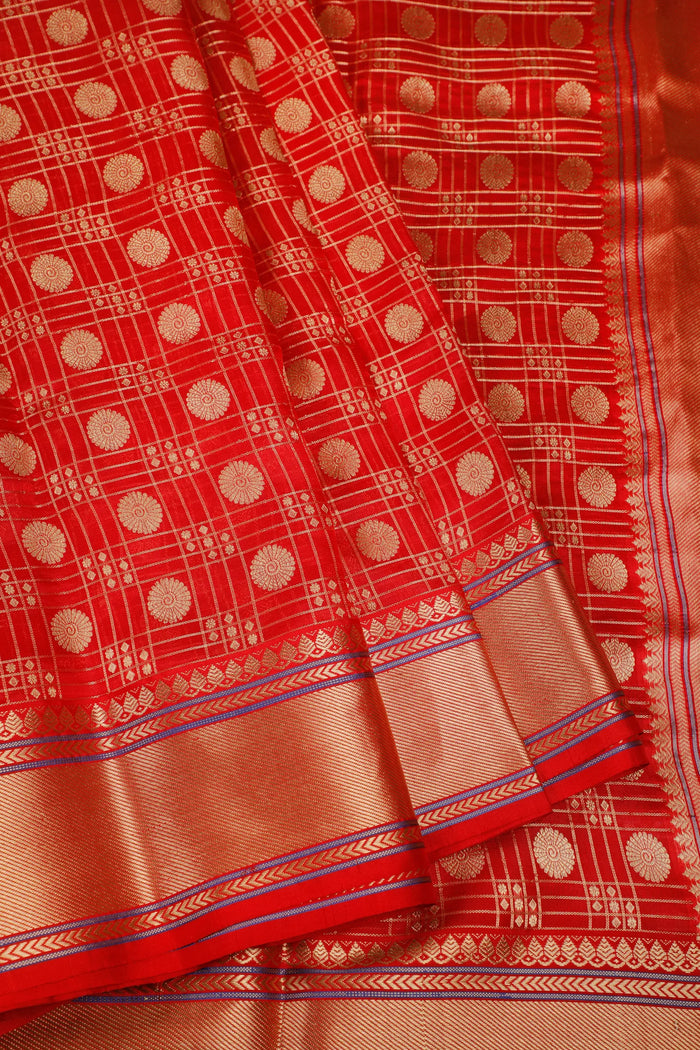 Red Handloom Chanderi Mashru Silk Saree - Revival Design - detail 1