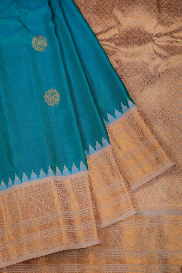 Peacock Blue Handloom Pure Silk Gadwal Saree with Ganga Jamuna Border