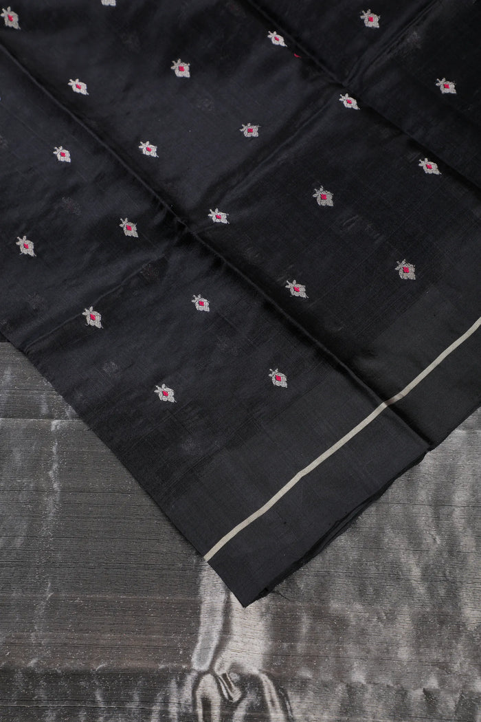Jet Black Handloom Chanderi Mashru Silk Saree