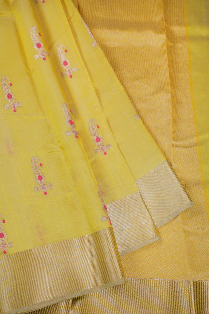 Lemon Yellow Handloom Chanderi Mashru Silk Saree