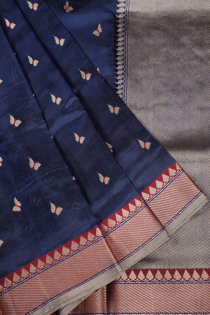 Navy Blue Handloom Pure Silk Chanderi Saree - Revival Design - detail 1