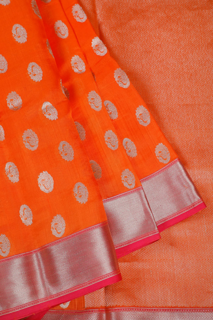 Bright Orange Handloom Chanderi Mashru Silk Saree - detail 1