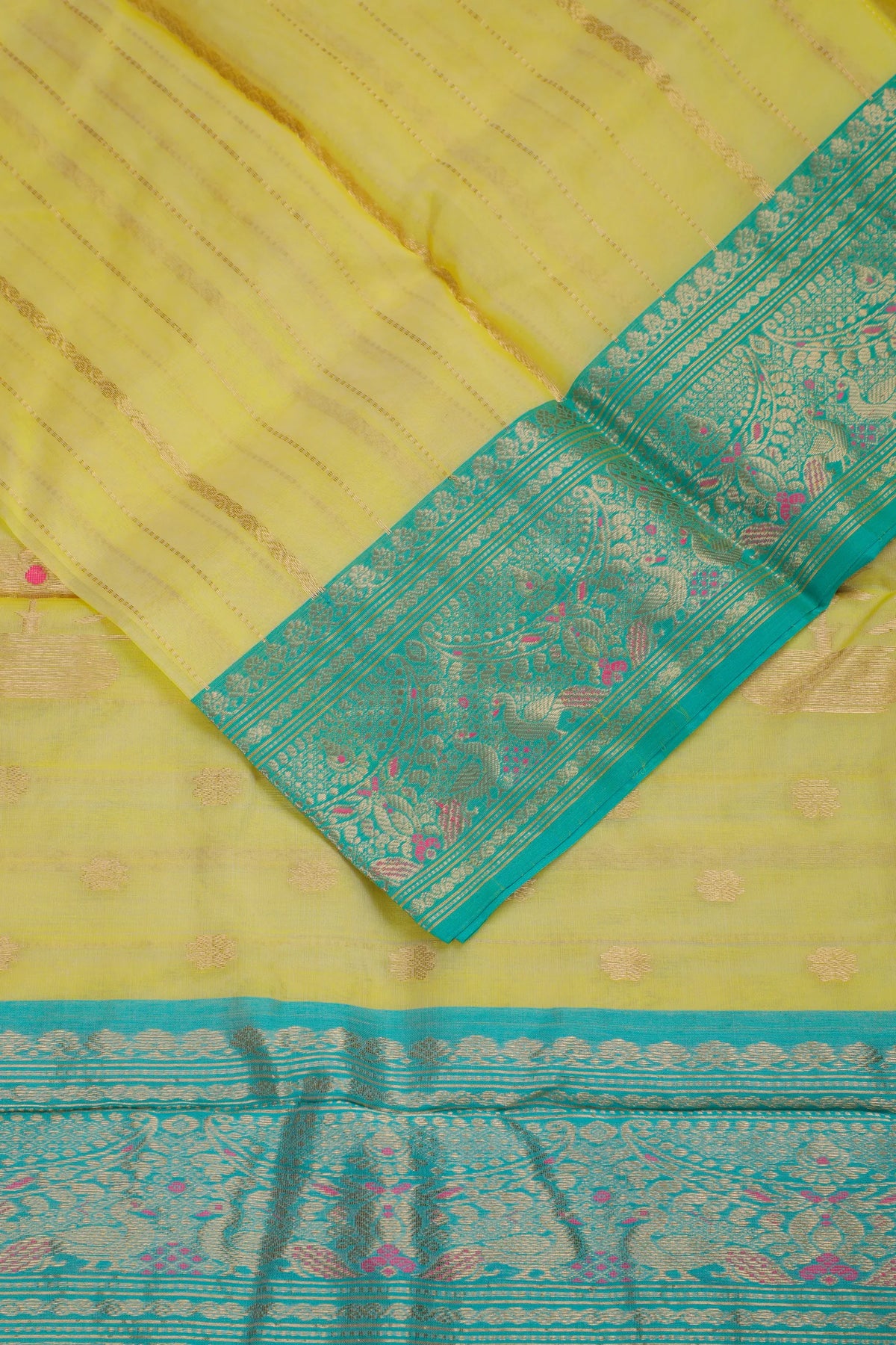 Lemon Yellow Handloom Pure Silk Striped Chanderi Saree